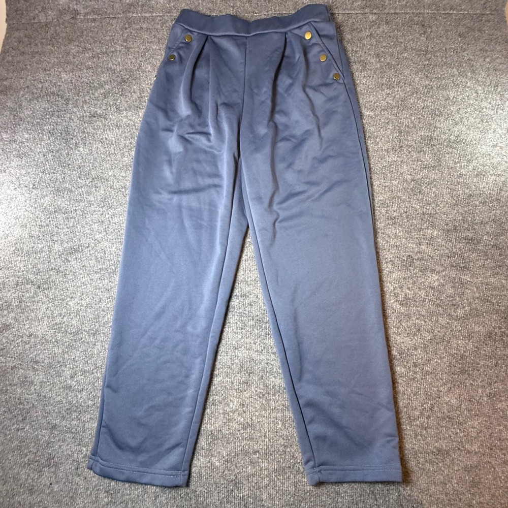 SHEIN Womens Slate Blue 2 Piece Set Gold Button Top & Pleated Pants Size L 8/10